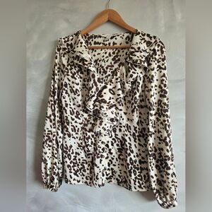 Boston Proper Animal Cheetah Print Ruffle Flutter button down blouse Sz 6 Brown
